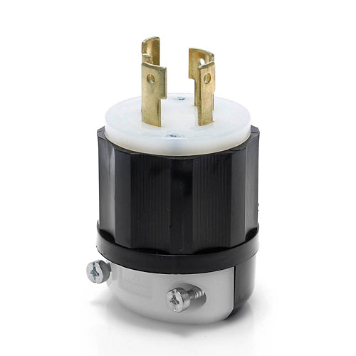Electrical plug with black base and white socket on a white background