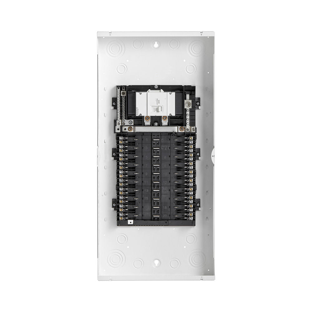 Electrical panel with multiple switches and connectors on a white background