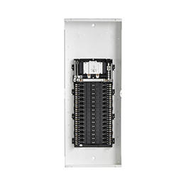 Electrical panel with multiple breaker slots on a white background