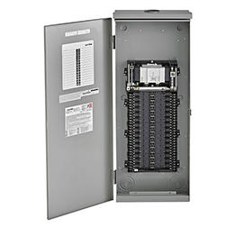 Electrical panel with open doors on a white background