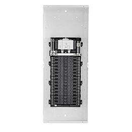 Electrical panel with multiple breaker slots on a white background