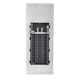Electrical panel with multiple breaker slots on a white background