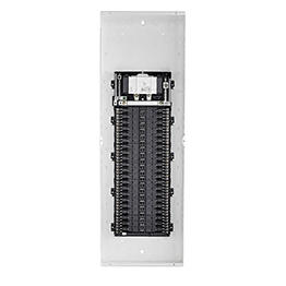 Electrical panel with multiple breaker slots on a white background