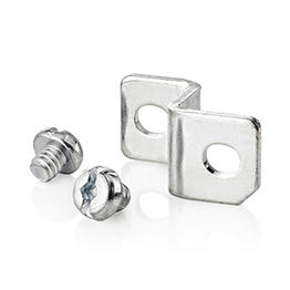 Metal brackets and screws on a white background