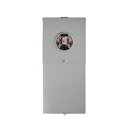 Metallic electrical panel with a logo on a white background