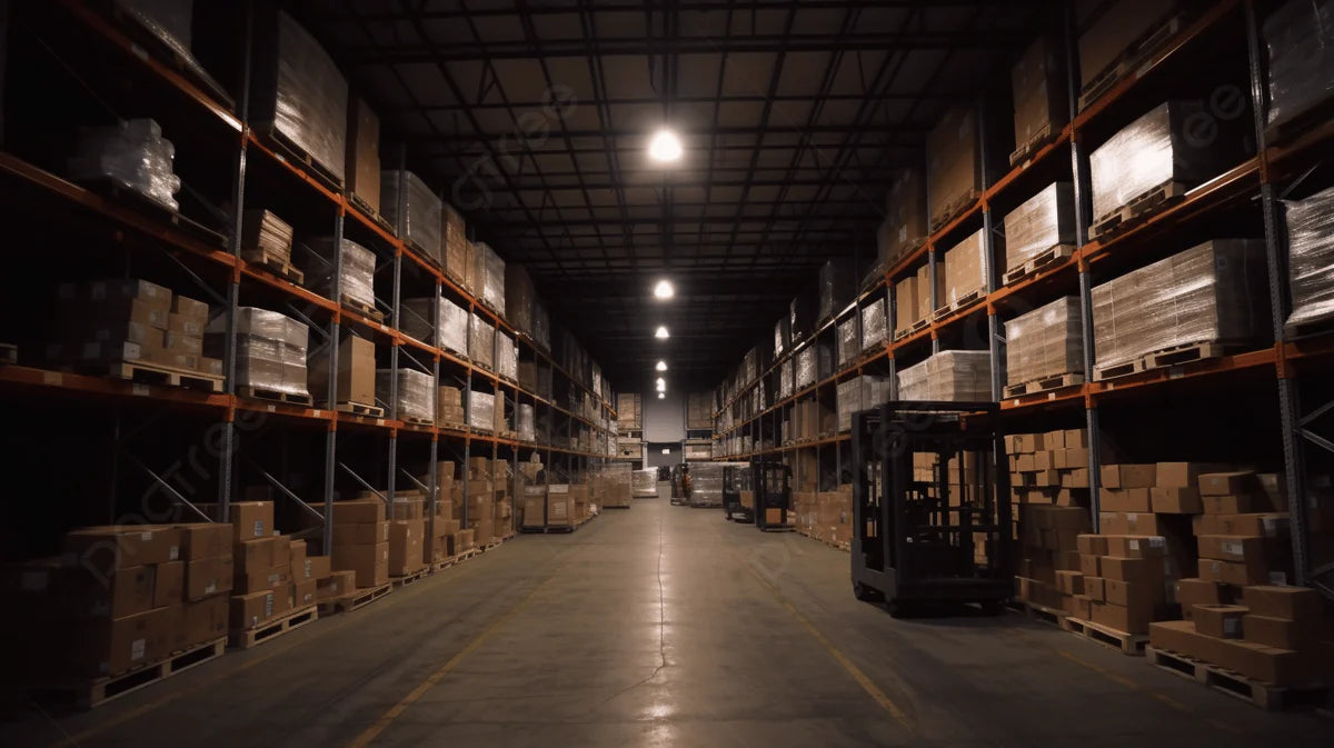 Dark warehouse with shelves filled with boxes and a forklift in the middle.